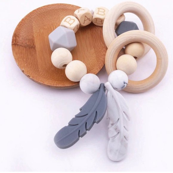 Feather Dream Catcher Baby Teething Ring, Silicone & Beech Wood, Montessori Toy - Picture 2 of 8
